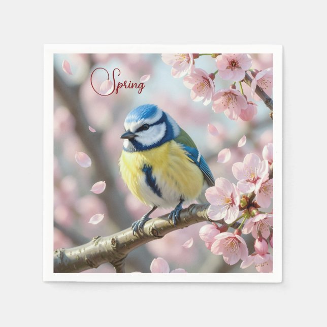 Custom Spring Party Blue Tit Bird on Cherry Tree Napkins (Front)