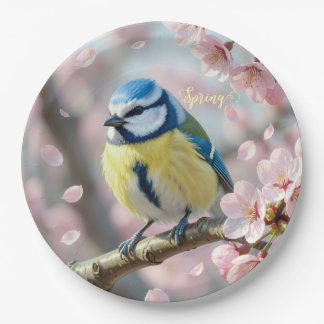 Custom Spring Party Blue Tit Bird on Cherry Tree Paper Plates