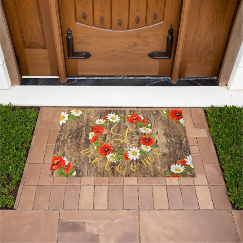 Custom Spring Poppies Daisies Floral Art Wreath Doormat