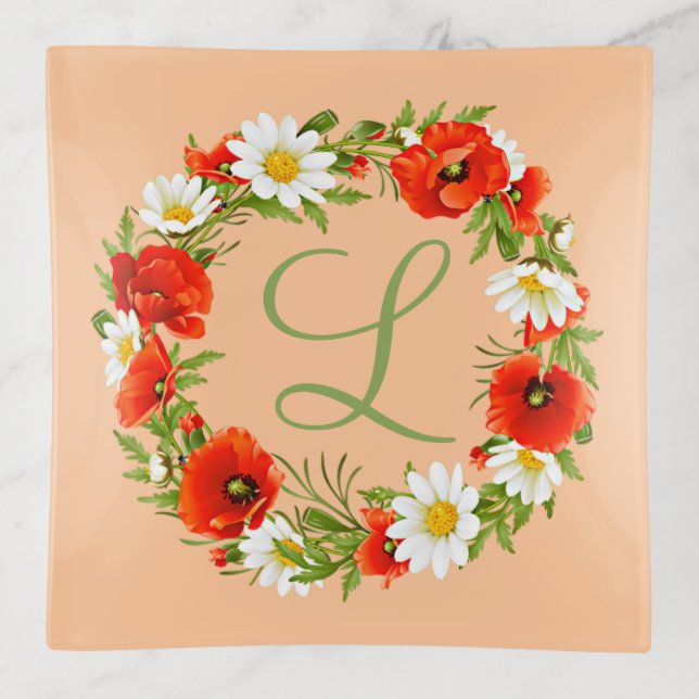 Custom Spring Poppies Daisies Monogram Wreath Trinket Tray (Front)