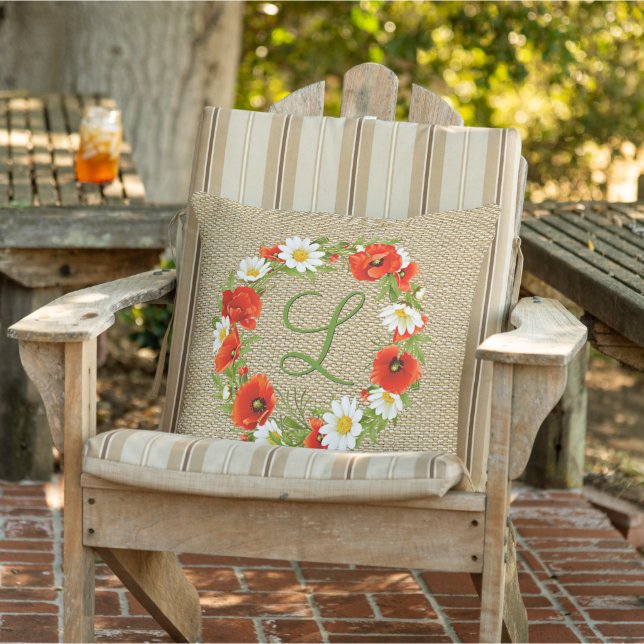 Custom Spring Red Poppies Daisies Flower Wreath Outdoor Pillow (Chair)