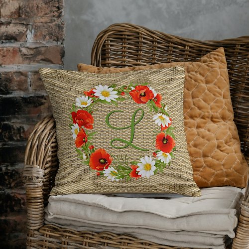 Custom Spring Red Poppies Daisies Flower Wreath Throw Pillow