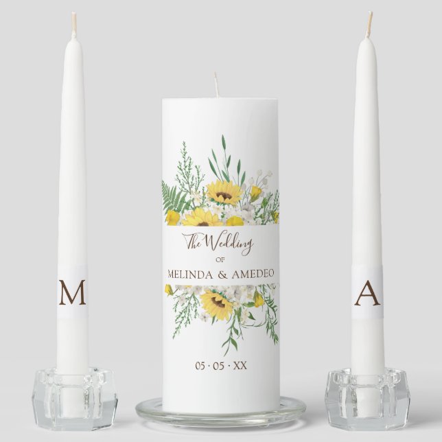Custom Spring Sunflowers Bouquet Wedding Unity Candle Set (Front)