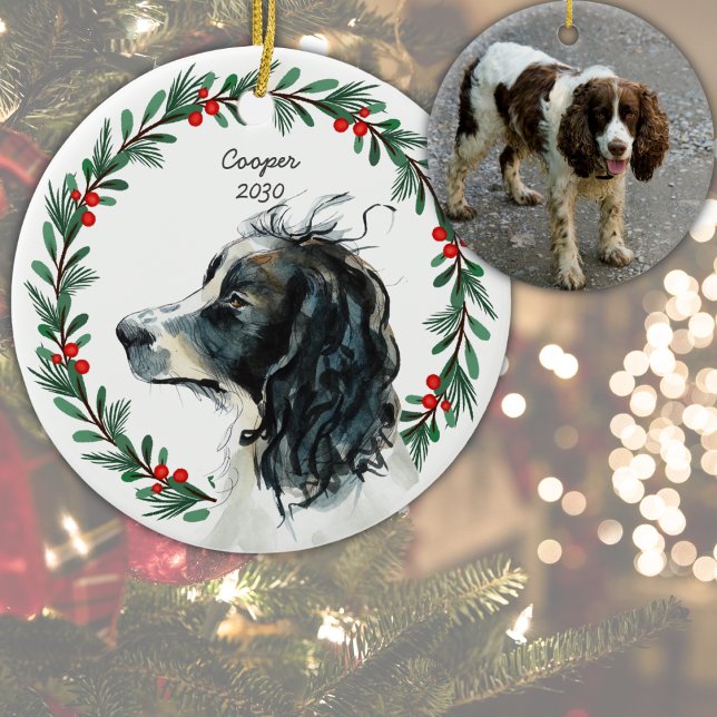 Custom Springer Spaniel Dog Photo Christmas Wreath Ceramic Ornament (Perfect gift for Springer Spaniel owners. Customize with dog's name, photo and year. )