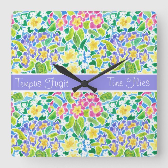 Custom Square Clock, Spring Primroses, Powder Blue Wall Clock (Front)