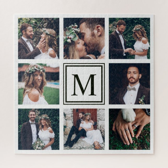 Custom Square Collage 8 Wedding Photo Monogram Jigsaw Puzzle (Vertical)