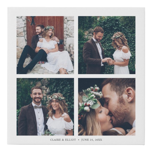 Custom Square Collage Wedding Photo & Text Faux Canvas Print (Front)
