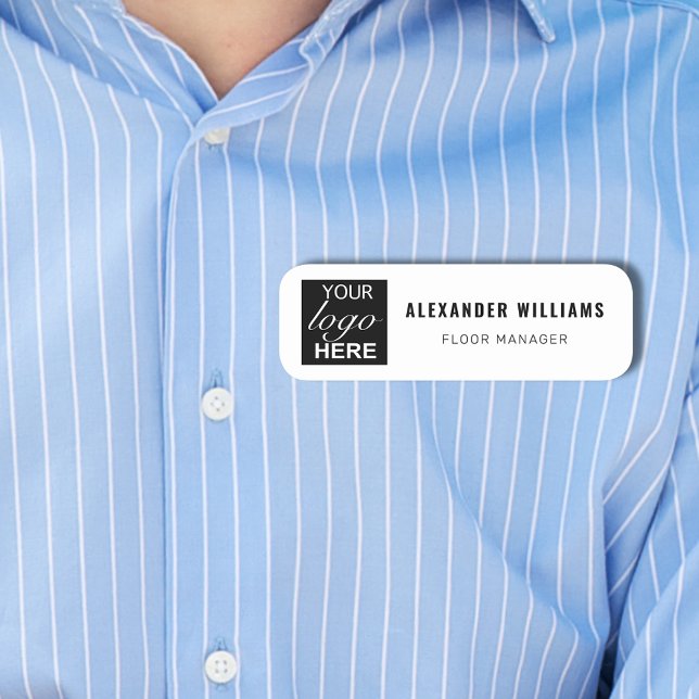 Custom Square Logo and Employee  Name Tag (Custom square logo employee name and job title black and white tag Modern simple professional design)