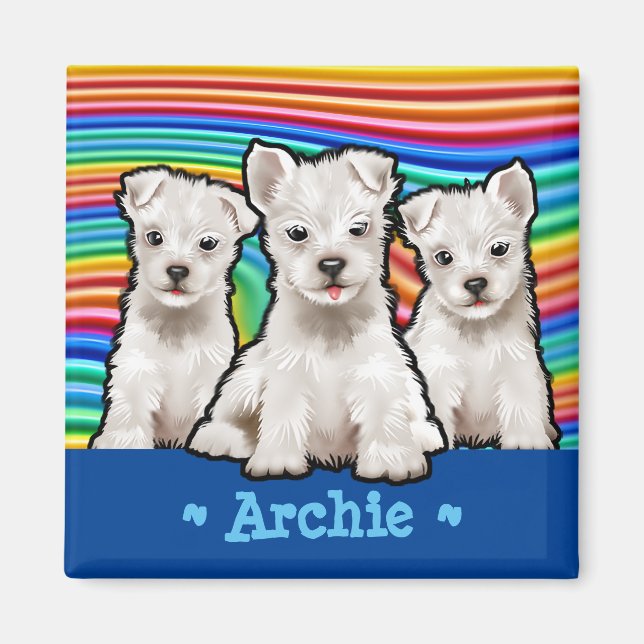 Custom square Magnet Rainbow puppies. (Front)