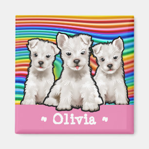 Custom square Magnet Rainbow puppies.