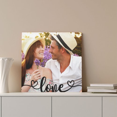 Custom Square Photo with Love Calligraphy Overlay Canvas Print