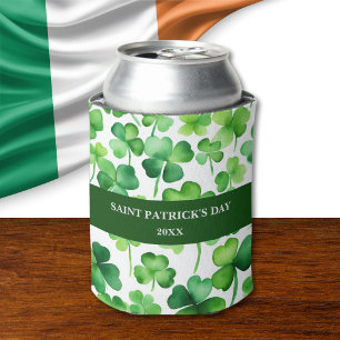 Custom St Patricks Day Green Watercolor Shamrock Can Cooler