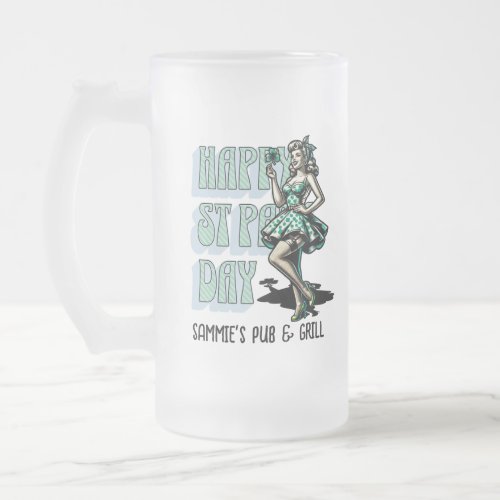 Custom St Patricks Day Pinup Girl with Shamrock Frosted Glass Beer Mug