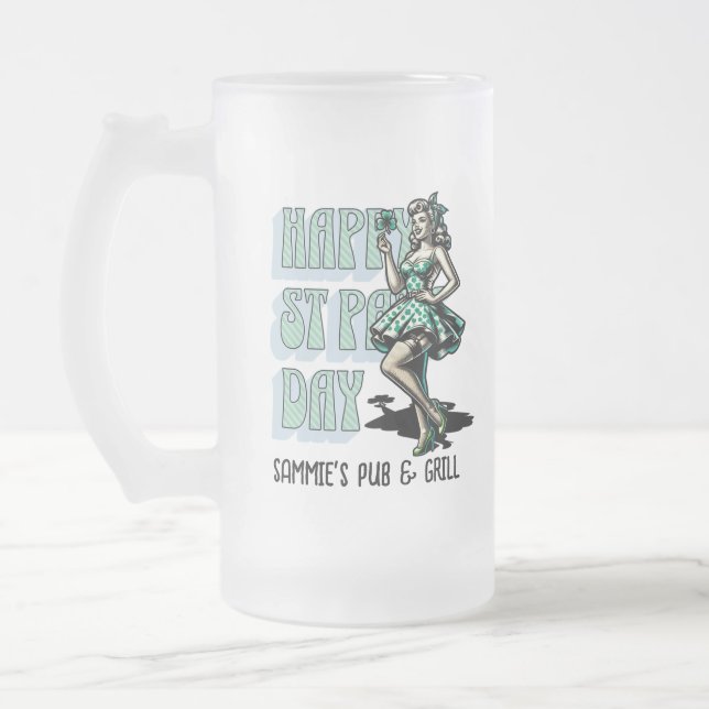 Custom St Patrick's Day Pinup Girl with Shamrock Frosted Glass Beer Mug (Left)