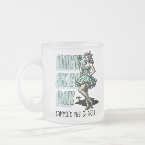Custom St Patricks Day Pinup Girl with Shamrock Frosted Glass Coffee Mug