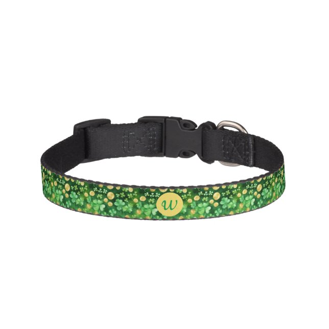 Custom St Patrick's Day Shamrock Gold Green Clover Pet Collar (Front)