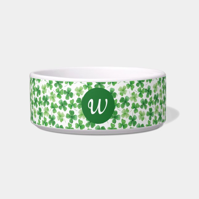 Custom St Patrick's Day Shamrock Green Clover Pet Bowl (Front)