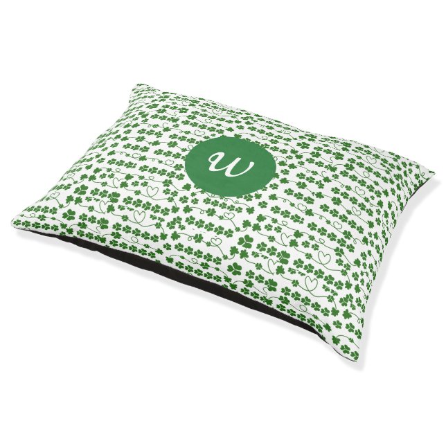 Custom St Patrick's Day Shamrock Heart White Green Pet Bed (Angled)