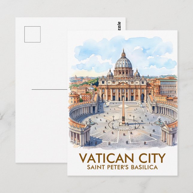 Custom St Peter's Basilica Vatican City Watercolor Postcard | Zazzle