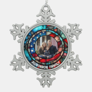 Custom Stained Glass Design USA Flag Patriotic Snowflake Pewter Christmas Ornament