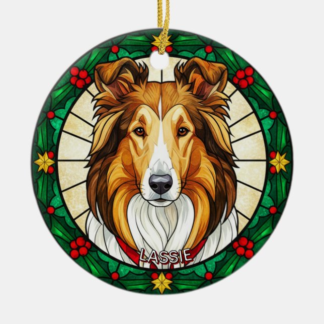 Custom Stained glass effect DOG'S name Christmas  Ceramic Ornament (Front)