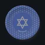 Custom STAR OF DAVID Paper Plates<br><div class="desc">Custom STAR OF DAVID Paper Plates. Elegant mid blue STAR OF DAVID Paper Plates, showing with faux silver Magen David in a tiled pattern. At the center, there is an image of a larger Star of David, which is CUSTOMIZABLE, so you can upload your own image. Underneath, the text reads...</div>