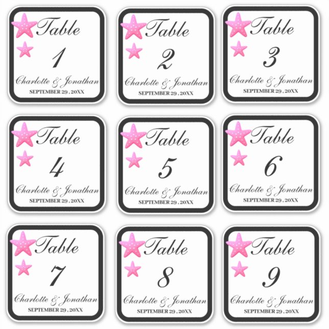 Custom Starfish Beach Wedding Table Numbers  Sticker (Front)