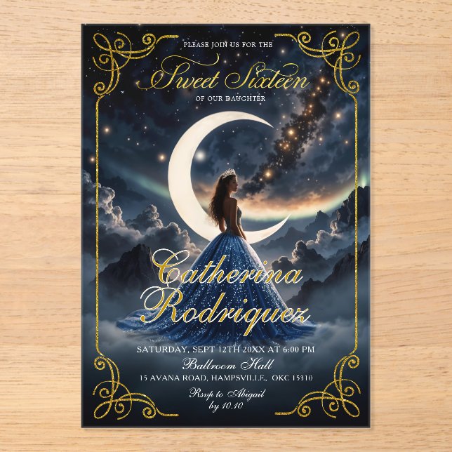 CUSTOM Starry Night Dusty Blue Sweet Sixteen Acrylic Invitations (Front)