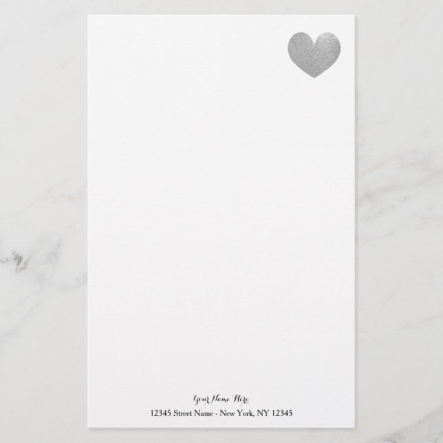 Custom stationery paper with silver glitter heart (Front)
