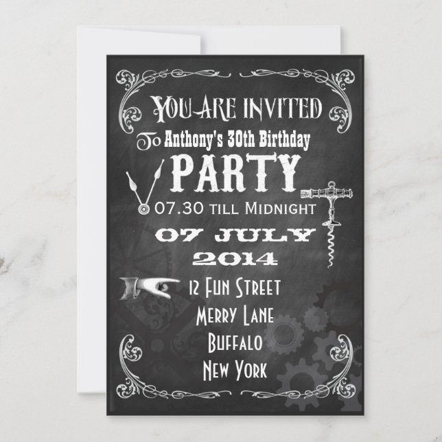 Custom Steampunk Chalkboard Birthday Party Invite (Front)