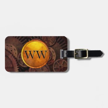 Custom Steampunk Gears And Gold Luxury Monogram Luggage Tag by StrangeStore at Zazzle