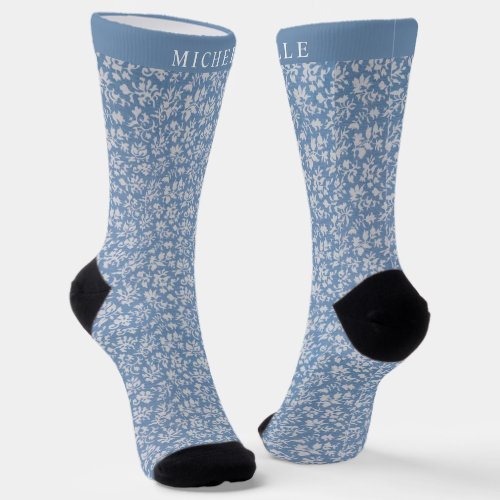 Custom Steel Blue Floral Silver White Flowers Socks