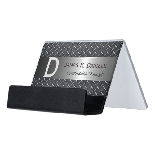 Custom Steel Gray Faux Metal Diamond Plate Pattern Desk Business Card Holder