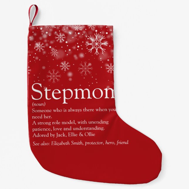 Custom Stepmom Definition Holiday Snowflakes Small Christmas Stocking (Front)