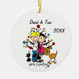 Custom Stick Figure Couple With Pets Ornament