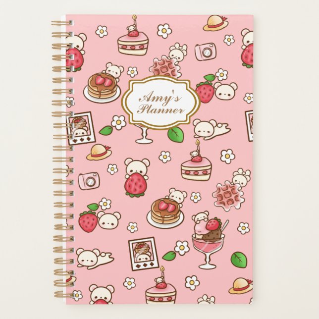 Custom Strawberry Bear and Desserts Pink Kawaii  Planner (Front)