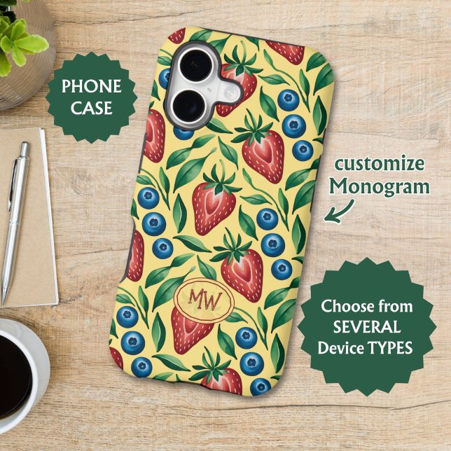 Custom Strawberry Blueberry Pattern on Yellow  Case-Mate iPhone Case (Creator Uploaded)