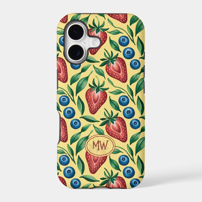 Custom Strawberry Blueberry Pattern on Yellow  Iphone Case (Back)