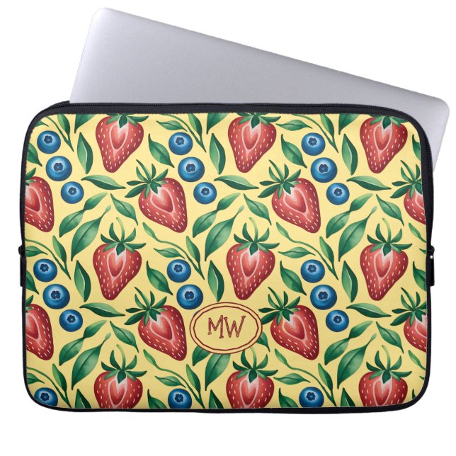 Custom Strawberry Blueberry Pattern on Yellow  Laptop Sleeve (Front)
