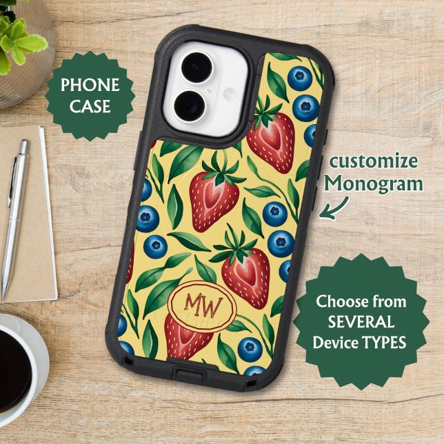 Custom Strawberry Blueberry Pattern on Yellow  Otterbox iPhone Case (Creator Uploaded)