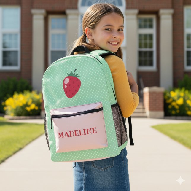 Custom Strawberry Green Polka Dot Girls Printed Backpack (Green Polka Dot Strawberry Girls Custom Backpack)