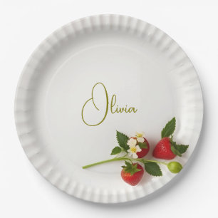 Custom Strawberry Sprig Flower Foliage Name  Paper Plates