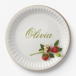 Custom Strawberry Sprig Flower Foliage Name Paper Plates