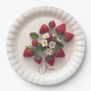 Custom Strawberry Sprig Flower Foliage Name Paper Plates