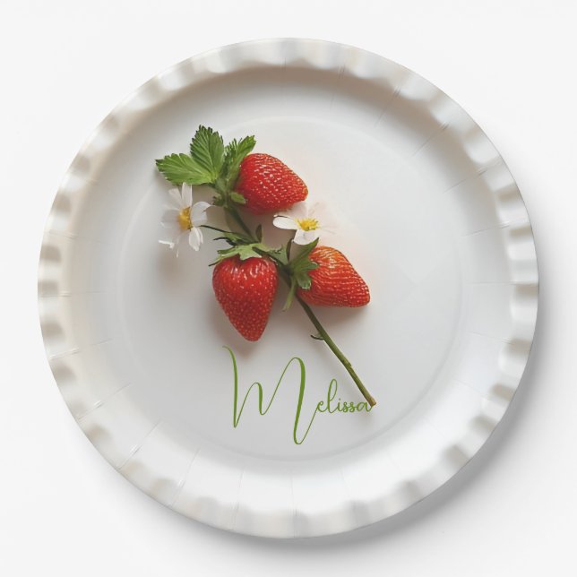 Custom Strawberry Sprig Flower Foliage Name  Paper Plates (Front)