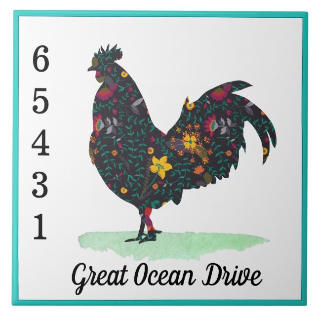 Custom street name house number floral hen ceramic tile (Front)