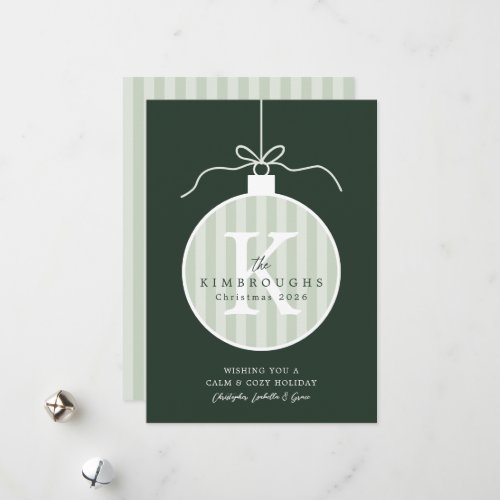 Custom Striped Monogram Ornament Christmas Card
