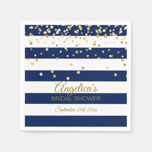 Custom Stripes Navy Blue Gold Bridal Shower Paper Napkins