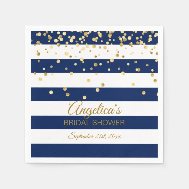 Custom Stripes Navy Blue Gold Bridal Shower Paper Napkins (Front)