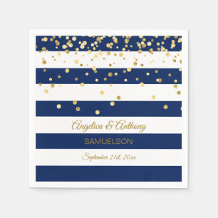 Custom Stripes Navy Blue Gold Wedding Anniversary Paper Napkins